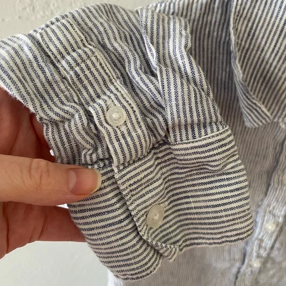 Quince Blue Pinstripe 100% European Linen Buttoned Top Classic Business Spring M - Picture 3 of 10